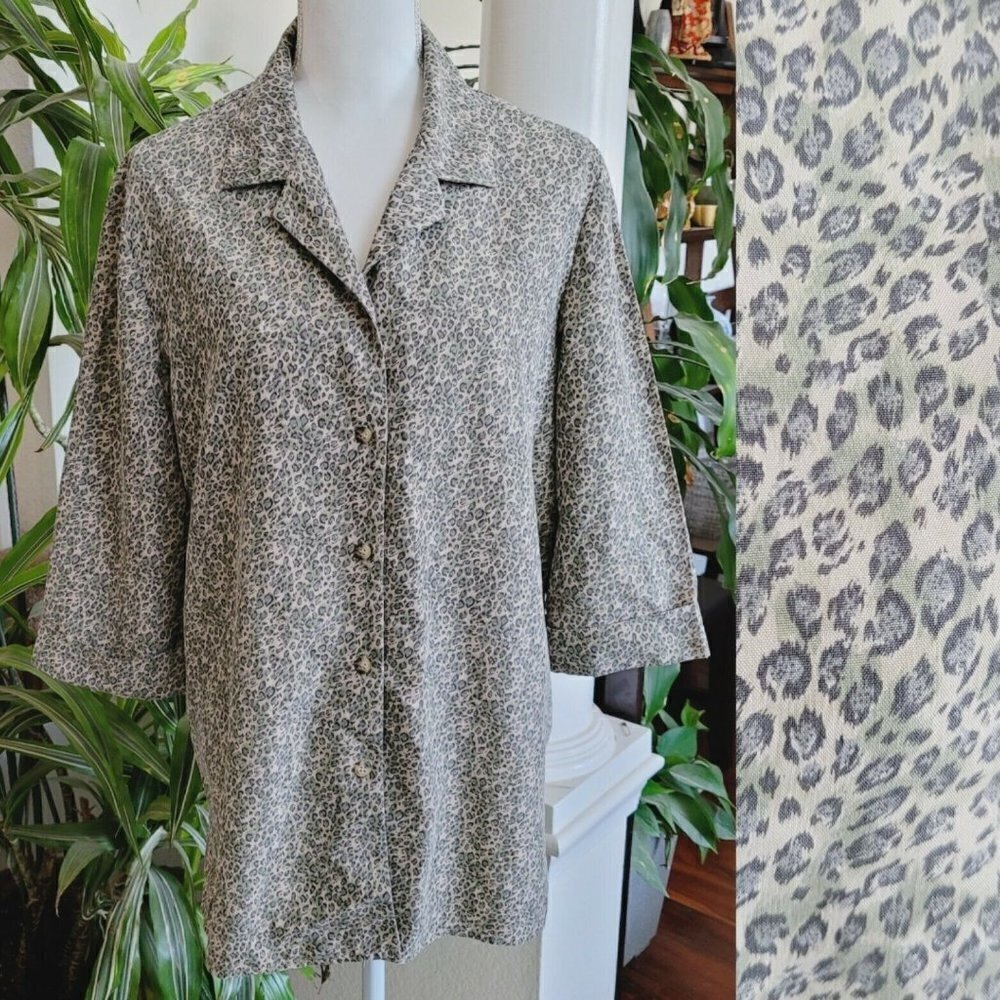Vtg Requirements Sz Lg Womens Button Down Blouse Leopard Print Mature 1/2 Sleeve